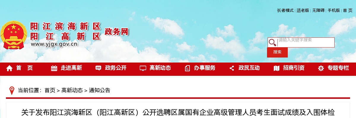 2023年阳江滨海新区（阳江高新区）公开选聘区属国有企业高级管理人员考生面试成绩及入围体检人员名单的公告 图片